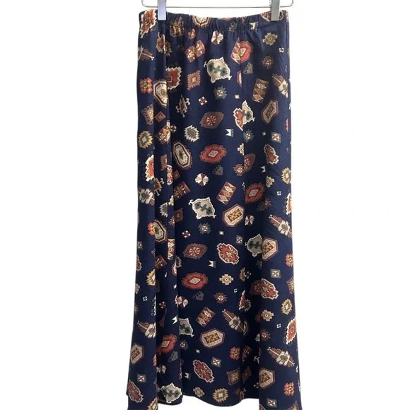 PAMELA B Maxi Skirt Southwestern Print Button Front Navy Blue Rayon Women's VTG - Picture 1 of 6